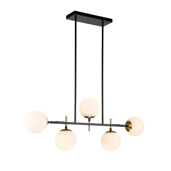 Chandelierias-Mid-Century 5-Light Glass Globe Linear Chandelier-Chandelier-Brass & Black-