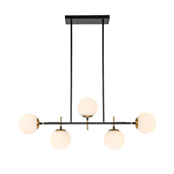 Chandelierias-Mid-Century 5-Light Glass Globe Linear Chandelier-Chandelier-Brass & Black-