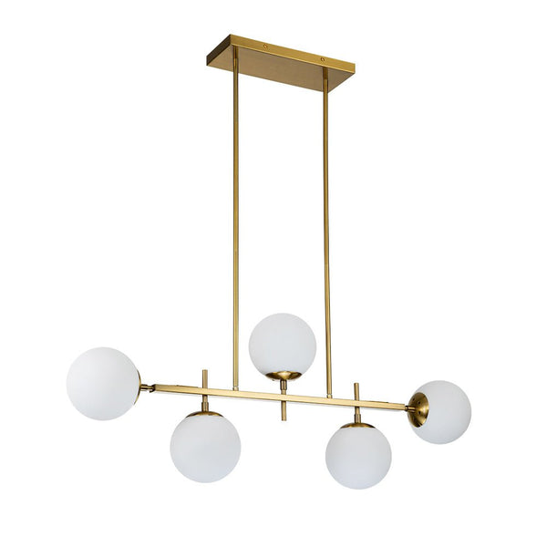 Chandelierias-Mid-Century 5-Light Glass Globe Linear Chandelier-Chandelier-Brass & Black-