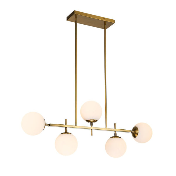 Chandelierias-Mid-Century 5-Light Glass Globe Linear Chandelier-Chandelier-Brass & Black-