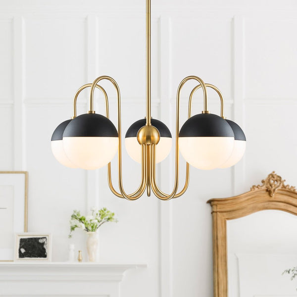 Chandelierias-Mid-century 5-Light Opal Glass Globe Curved Chandelier-Chandeliers-Brass-5 Bulbs