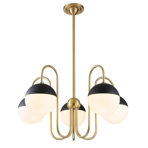 Chandelierias-Mid-century 5-Light Opal Glass Globe Curved Chandelier-Chandeliers-Brass-5 Bulbs