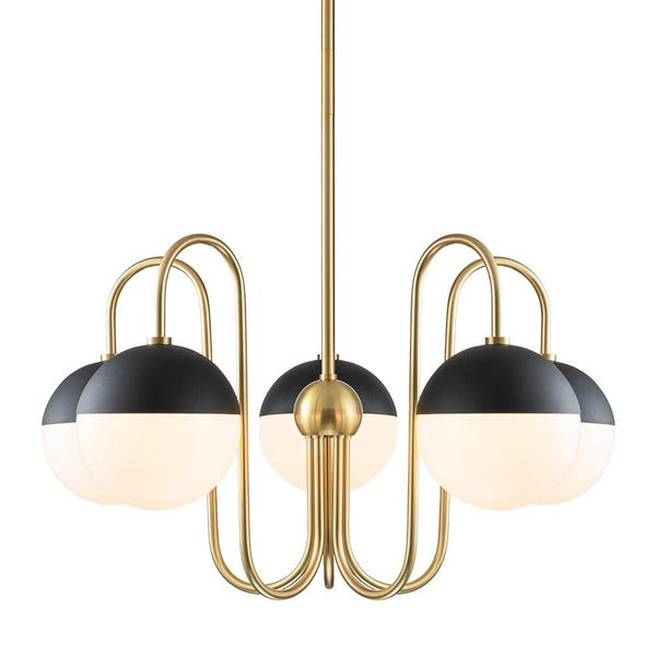 Chandelierias-Mid-century 5-Light Opal Glass Globe Curved Chandelier-Chandeliers-Brass-5 Bulbs