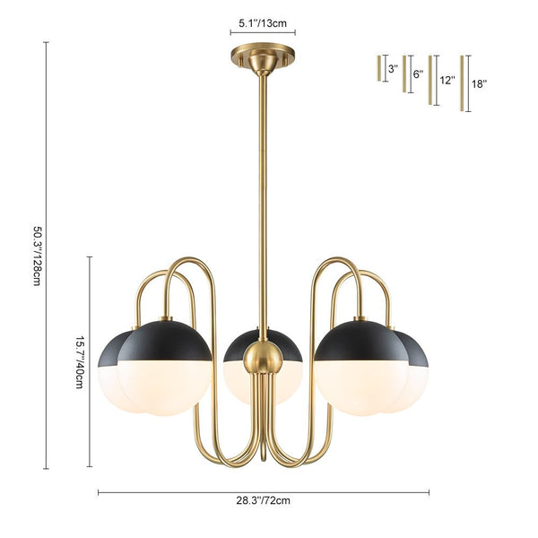 Chandelierias-Mid-century 5-Light Opal Glass Globe Curved Chandelier-Chandeliers-Brass-5 Bulbs