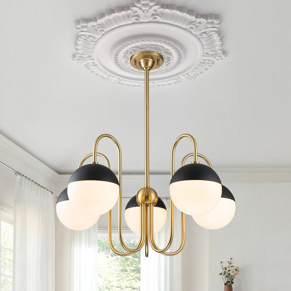 Chandelierias-Mid-century 5-Light Opal Glass Globe Curved Chandelier-Chandeliers-Brass-5 Bulbs