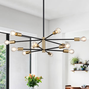 Chandelierias-Mid-century Black and Brass Sputnik Two-layer Chandelier-Chandeliers-Brass & Black-12 Bulbs