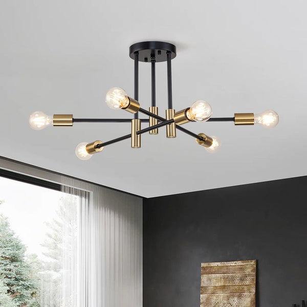 Chandelierias-Mid-century Black and Gold Sputnik Semi-Flush Mount-Chandeliers-Black & Gold-6 Bulbs