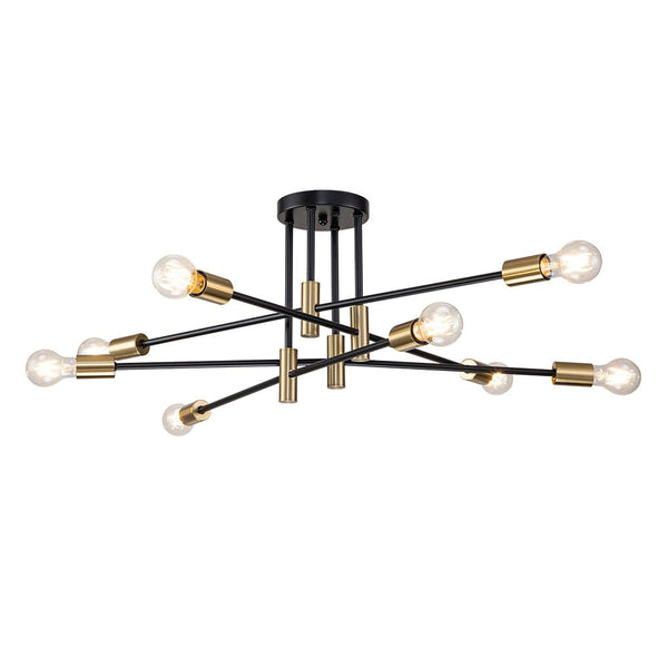 Chandelierias-Mid-century Black and Gold Sputnik Semi-Flush Mount-Chandeliers-Black & Gold-8 Bulbs