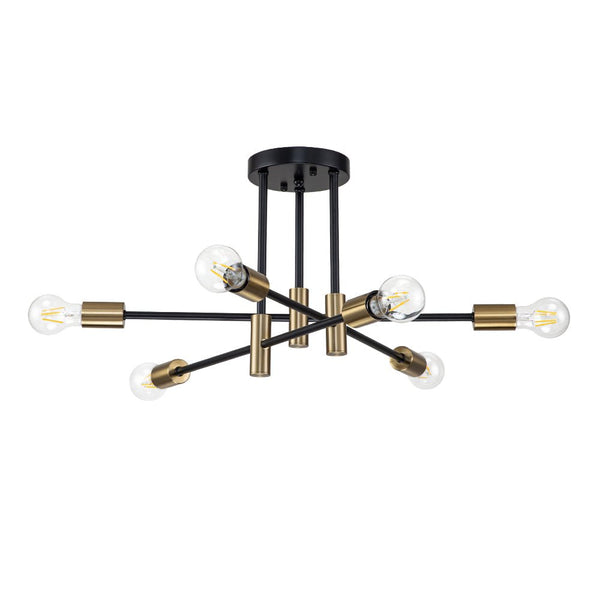 Chandelierias-Mid-century Black and Gold Sputnik Semi-Flush Mount-Chandeliers-Black & Gold-8 Bulbs