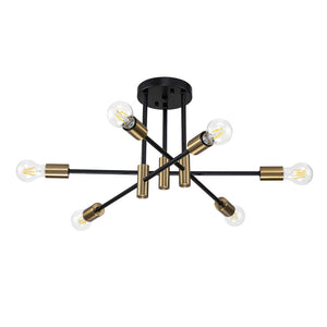 Chandelierias-Mid-century Black and Gold Sputnik Semi-Flush Mount-Chandeliers-Black & Gold-8 Bulbs