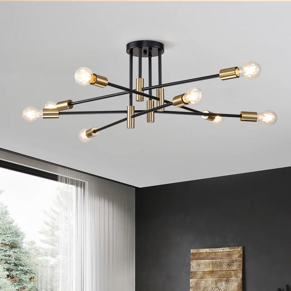 Chandelierias-Mid-century Black and Gold Sputnik Semi-Flush Mount-Chandeliers-Black & Gold-8 Bulbs