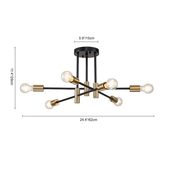 Chandelierias-Mid-century Black and Gold Sputnik Semi-Flush Mount-Chandeliers-Black & Gold-8 Bulbs