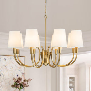 Chandelierias-Mid-century Brass 8-Light Swooping Curve Linen Shade Chandelier-Chandeliers-Brass (Backorder & Restock in 2 Weeks)-
