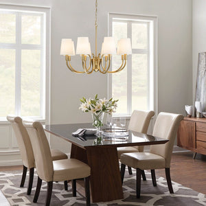 Chandelierias-Mid-century Brass 8-Light Swooping Curve Linen Shade Chandelier-Chandeliers-Brass (Backorder & Restock in 2 Weeks)-