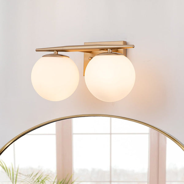 Chandelierias-Mid-century Milk White Glass Globe Linear Vanity Light-Wall Light-Gold-2 Bulbs