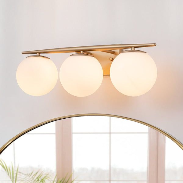 Chandelierias-Mid-century Milk White Glass Globe Linear Vanity Light-Wall Light-Gold-3 Bulbs