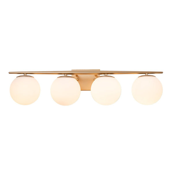 Chandelierias-Mid-century Milk White Glass Globe Linear Vanity Light-Wall Light-Gold-4 Bulbs