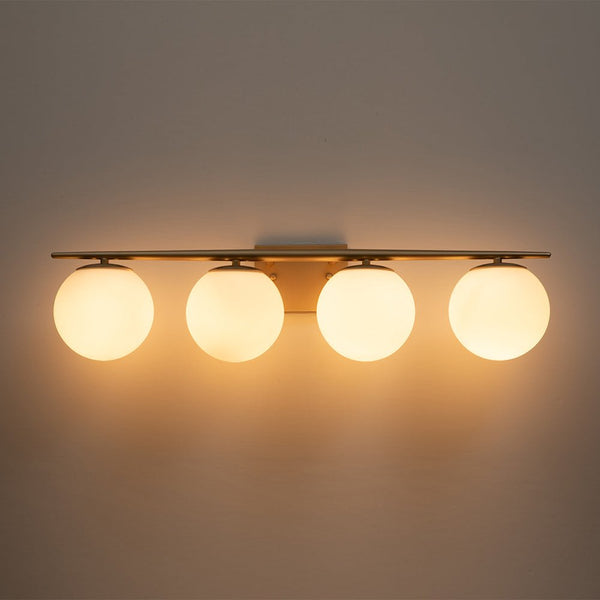 Chandelierias-Mid-century Milk White Glass Globe Linear Vanity Light-Wall Light-Gold-4 Bulbs