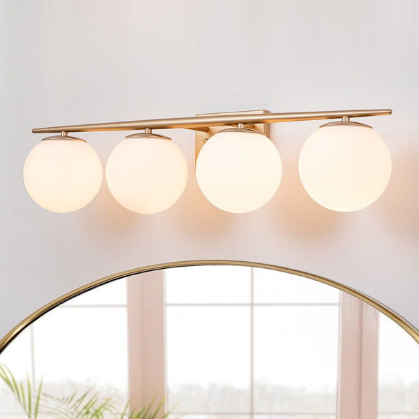 Chandelierias-Mid-century Milk White Glass Globe Linear Vanity Light-Wall Light-Gold-4 Bulbs