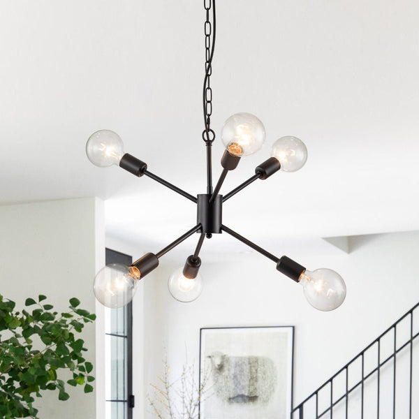 Chandelierias-Mid-century Modern 6-Light Metal Sputnik Chandelier-Chandeliers-Black-