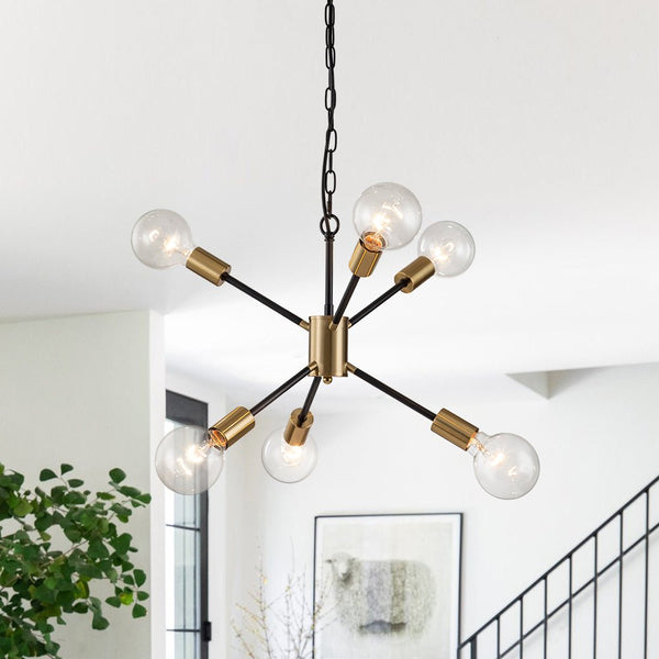 Chandelierias-Mid-century Modern 6-Light Metal Sputnik Chandelier-Chandeliers-Brass & Black-