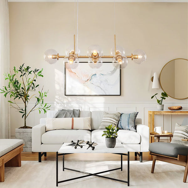 Chandelierias-Mid-Century Modern Glass Globe Linear Chandelier-Chandelier-Brass-