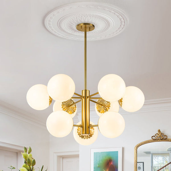 Chandelierias-Mid-century Modern Opal Glass Sphere Chandelier-Chandelier-Brass (Pre-order)-9 Bulbs