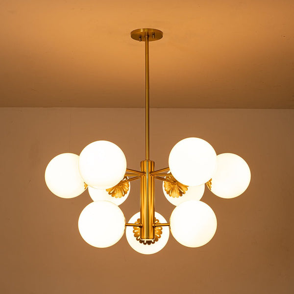 Chandelierias-Mid-century Modern Opal Glass Sphere Chandelier-Chandelier-Brass (Pre-order)-9 Bulbs