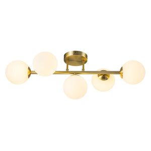 Chandelierias-Mid-century Staggered Frosted Glass Globe Vanity Light-Wall Light-Gold-5 Bulbs