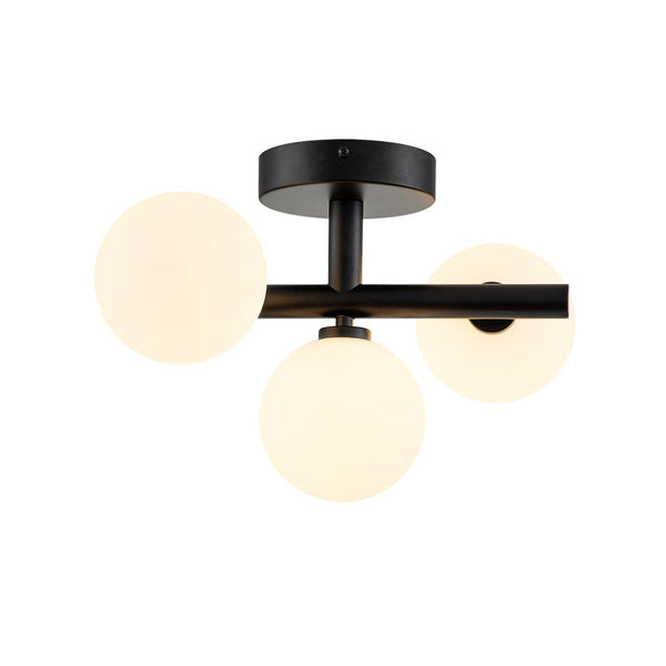 Chandelierias-Modern 3-Light Opal Glass Globe Semi-Flush Mount-Semi Flush-Black-