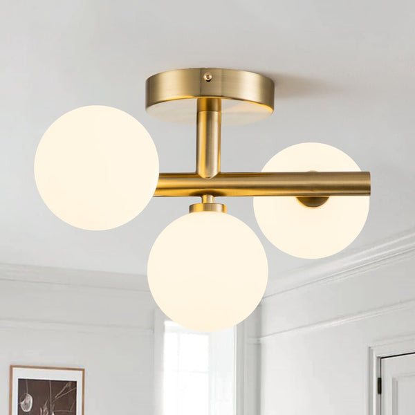 Chandelierias-Modern 3-Light Opal Glass Globe Semi-Flush Mount-Semi Flush-Gold-