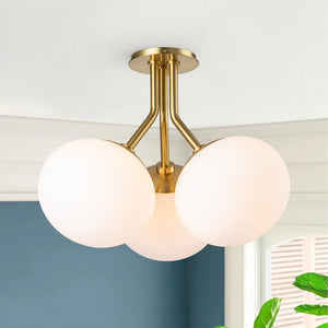 Chandelierias-Modern 3-Light Semi-Flush Mount with Opal Glass Globes-Semi Flush-Brass-3 Bulbs