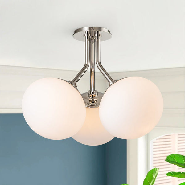 Chandelierias-Modern 3-Light Semi-Flush Mount with Opal Glass Globes-Semi Flush-Nickel-3 Bulbs