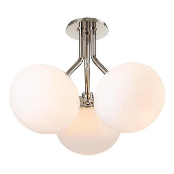 Chandelierias-Modern 3-Light Semi-Flush Mount with Opal Glass Globes-Semi Flush-Nickel-3 Bulbs