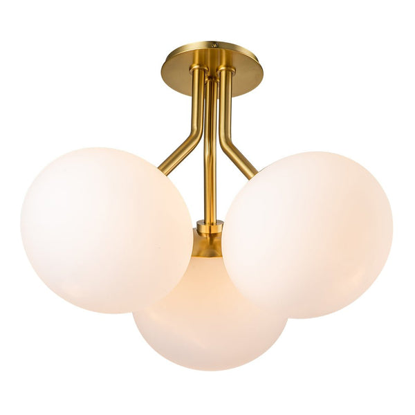 Chandelierias-Modern 3-Light Semi-Flush Mount with Opal Glass Globes-Semi Flush-Nickel-3 Bulbs