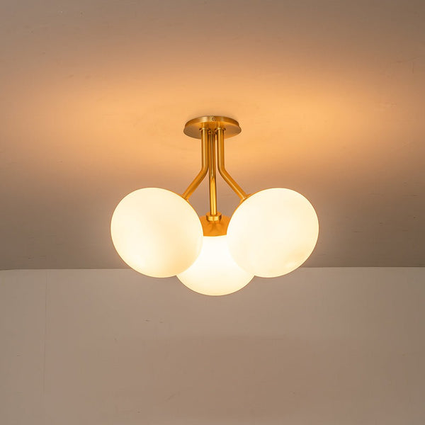 Chandelierias-Modern 3-Light Semi-Flush Mount with Opal Glass Globes-Semi Flush-Nickel-3 Bulbs