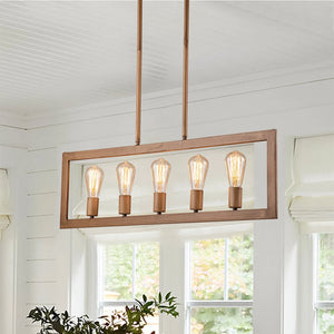 Chandelierias-Modern 5-Light Flat Rectangle Metal Island Chandelier-Chandeliers-Wood Grain-5 Bulbs