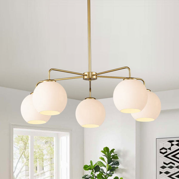 Chandelierias-Modern 5-Light Sculptural Milky Glass Globe Chandelier-Chandeliers-Brass-