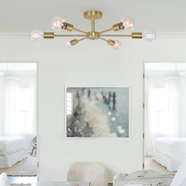 Chandelierias-Modern 6-Light Sputnik Semi Flush Ceiling Light-Semi Flush-Gold-