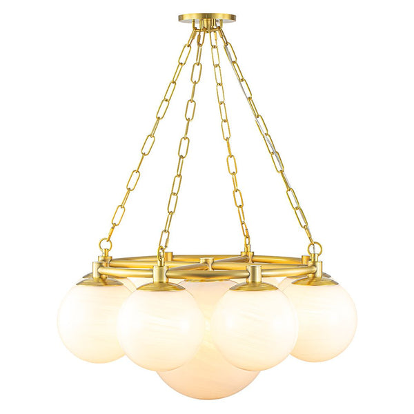 Chandelierias-Modern 9-Light Brass Cloud Glass Globe Round Chandelier-Chandelier-Brass-