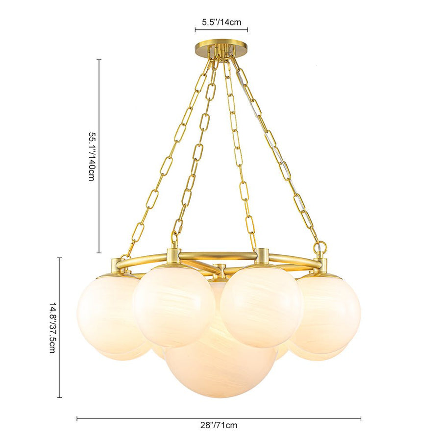 Modern 9Light Brass Opal Glass Globe Round Chandelier Chandelierias