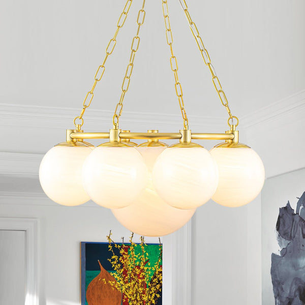 Chandelierias-Modern 9-Light Brass Cloud Glass Globe Round Chandelier-Chandelier-Brass-