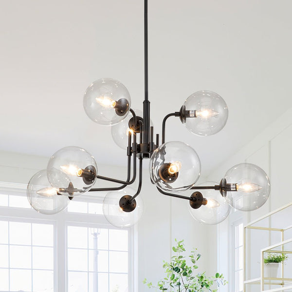 Chandelierias-Modern 9-Light Clear Glass Globe Branch Chandelier-Chandeliers-Matte Black-