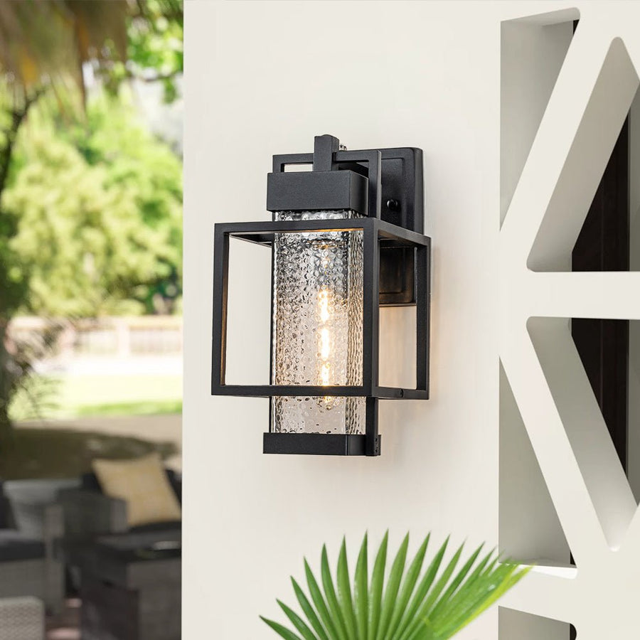 Chandelierias-Modern Clear Hammered Glass Cage Outdoor Wall Light-Wall Light-Matte Black-1 Pack