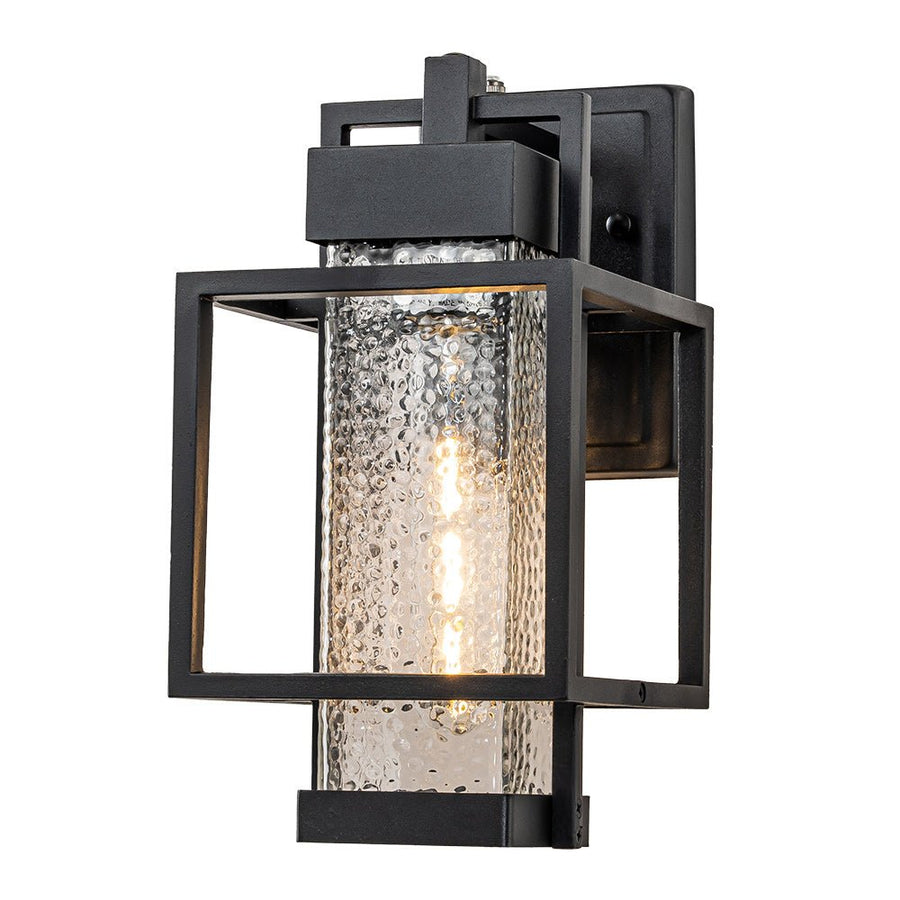 Chandelierias-Modern Clear Hammered Glass Cage Outdoor Wall Light-Wall Light-Matte Black-1 Pack