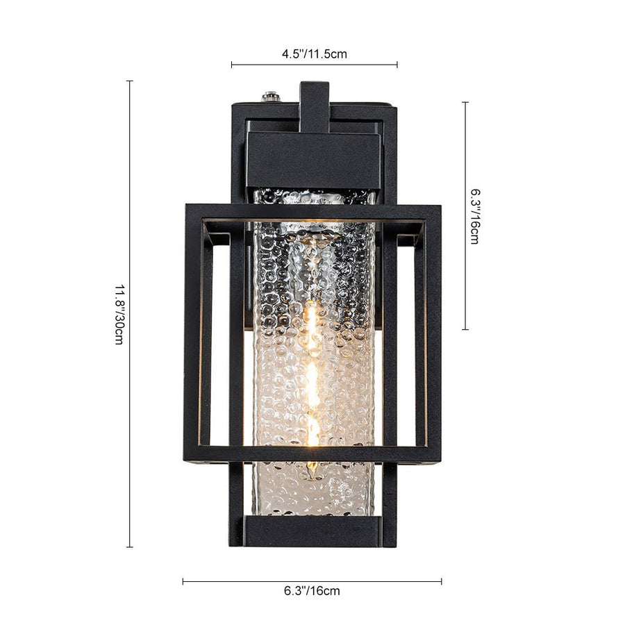 Chandelierias-Modern Clear Hammered Glass Cage Outdoor Wall Light-Wall Light-Matte Black-2 Pack
