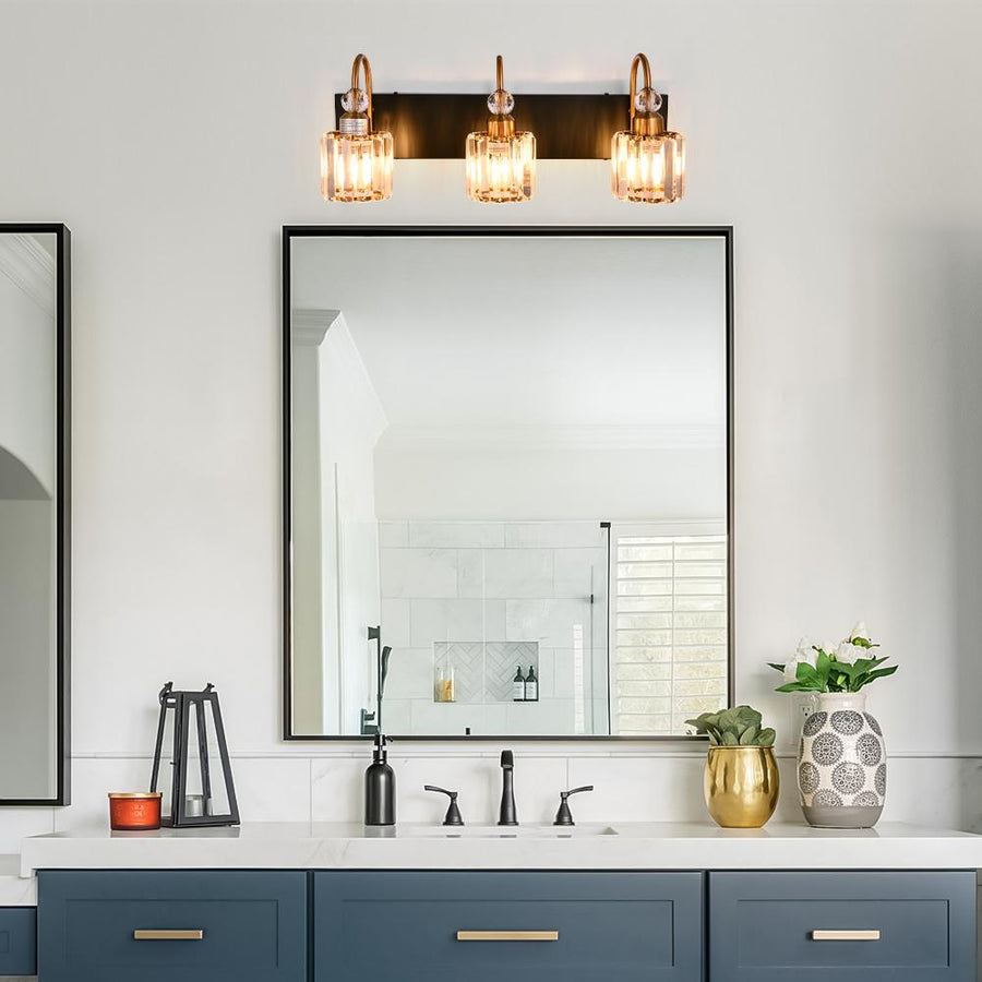 Chandelierias-Modern Crystal Vanity Light Bathroom Fixture-Wall Light-3 Bulbs-Black-Gold