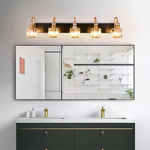 Chandelierias-Modern Crystal Vanity Light Bathroom Fixture-Wall Light-5 Bulbs-Black-Gold