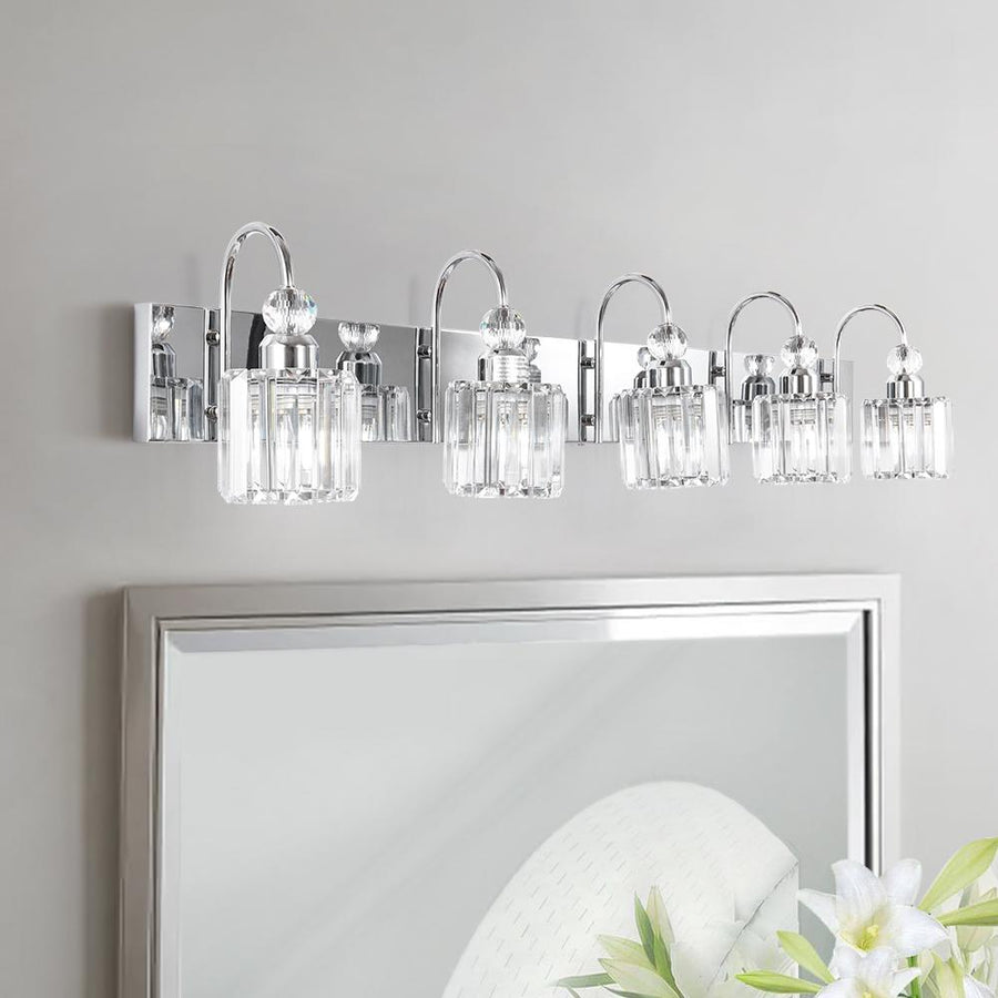 Chandelierias-Modern Crystal Vanity Light Bathroom Fixture-Wall Light-5 Bulbs-Chrome