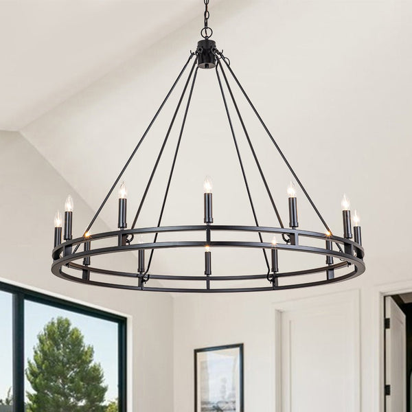 Chandelierias-Modern Farmhouse Candle Style Grand Wagon Wheel Chandelier-Chandeliers-Black-12 Bulbs (Customized & NOT-returnable)